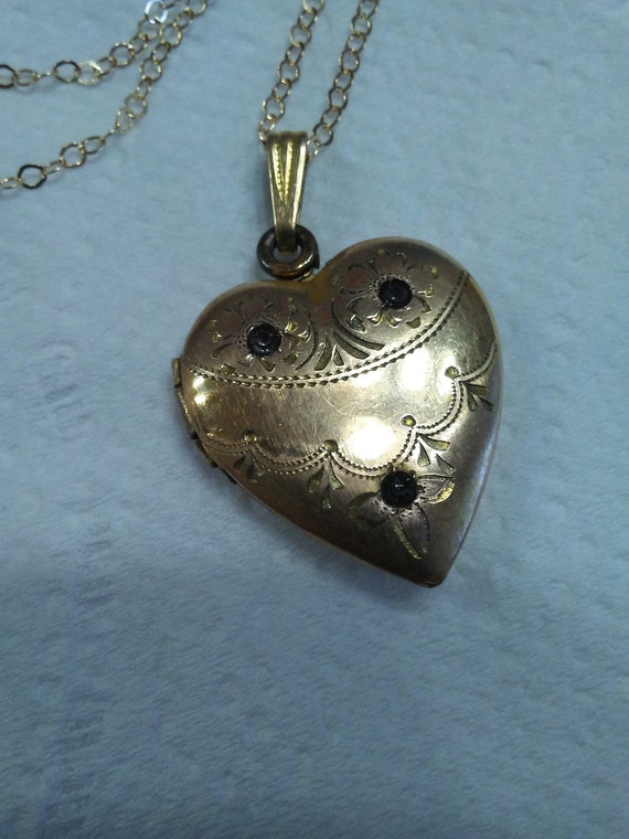 Antique 12K GF Gold Fill Etched Paste Stone Heart… - image 5