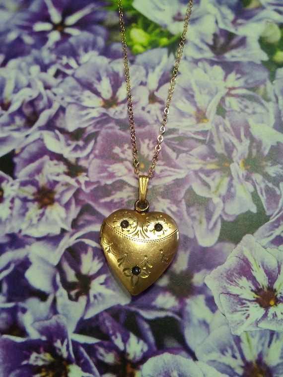 Antique 12K GF Gold Fill Etched Paste Stone Heart… - image 6