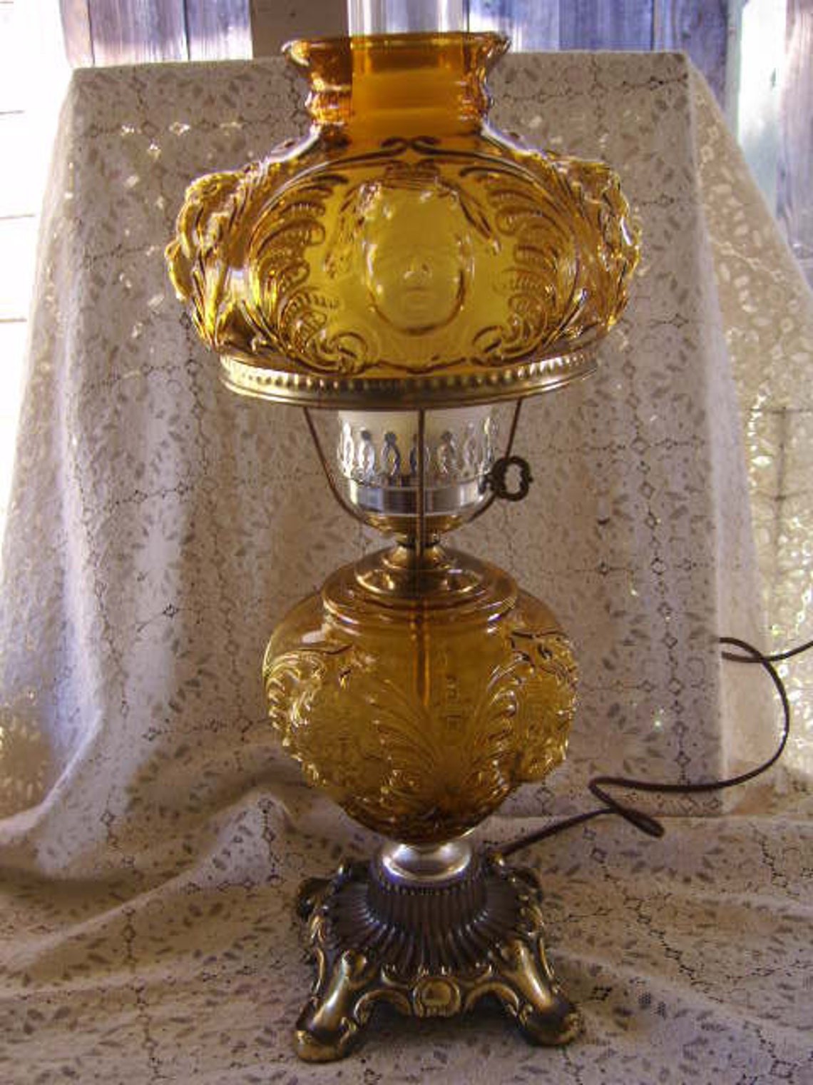 Vintage Amber Glass Fenton Cherub Hurricane Lamp Etsy