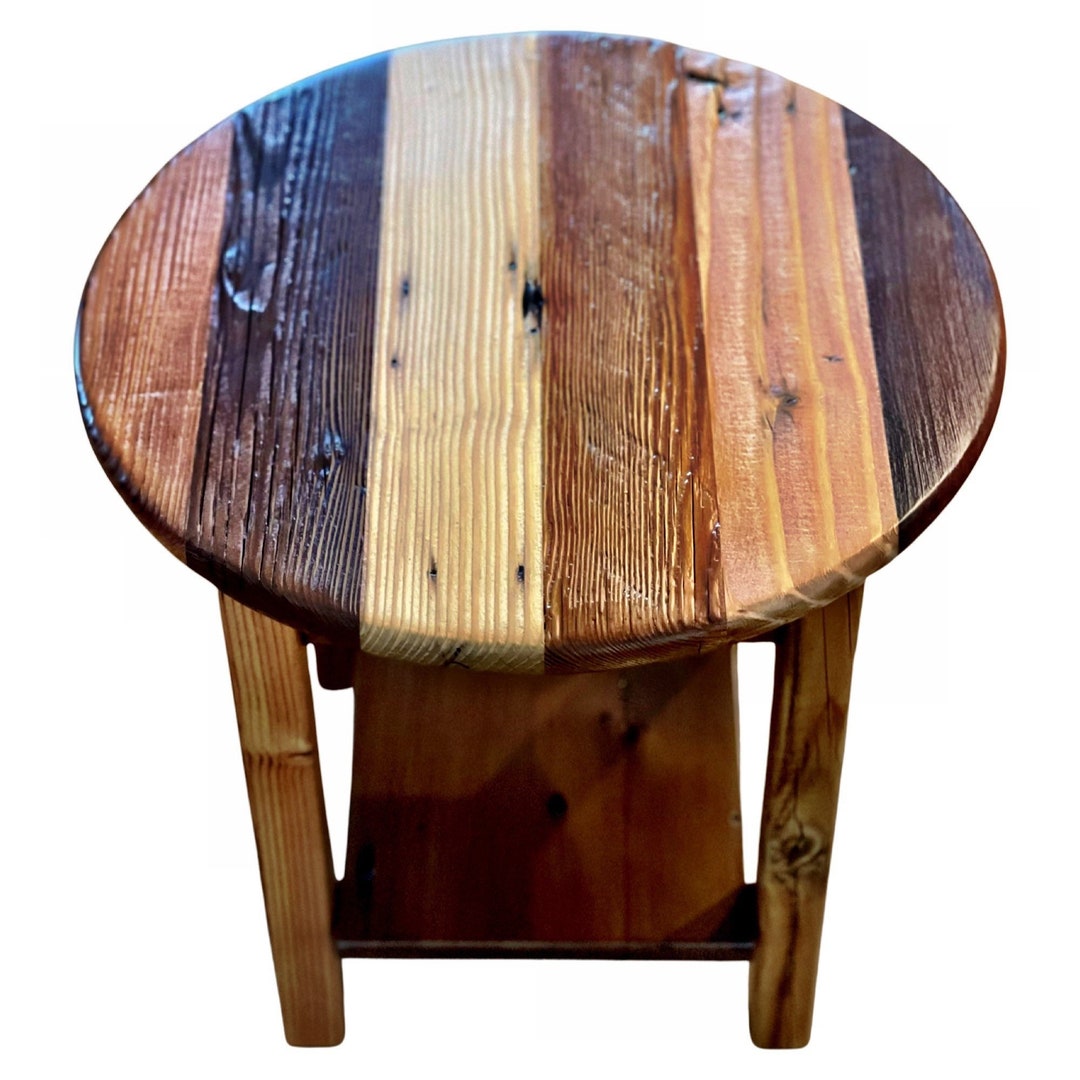 Rustic Round End Table With Shelf Made of Reclaimed Wood Etsy