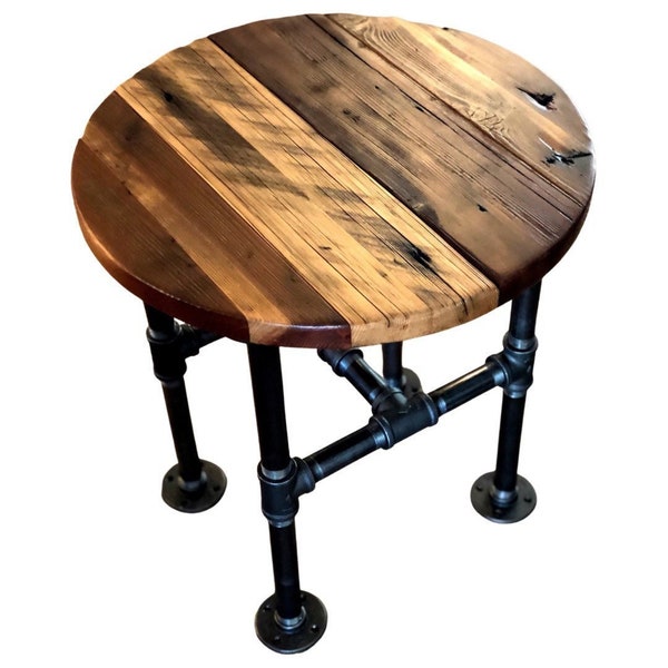 Round Industrial End Table Made of Reclaimed Wood and Iron Pipe