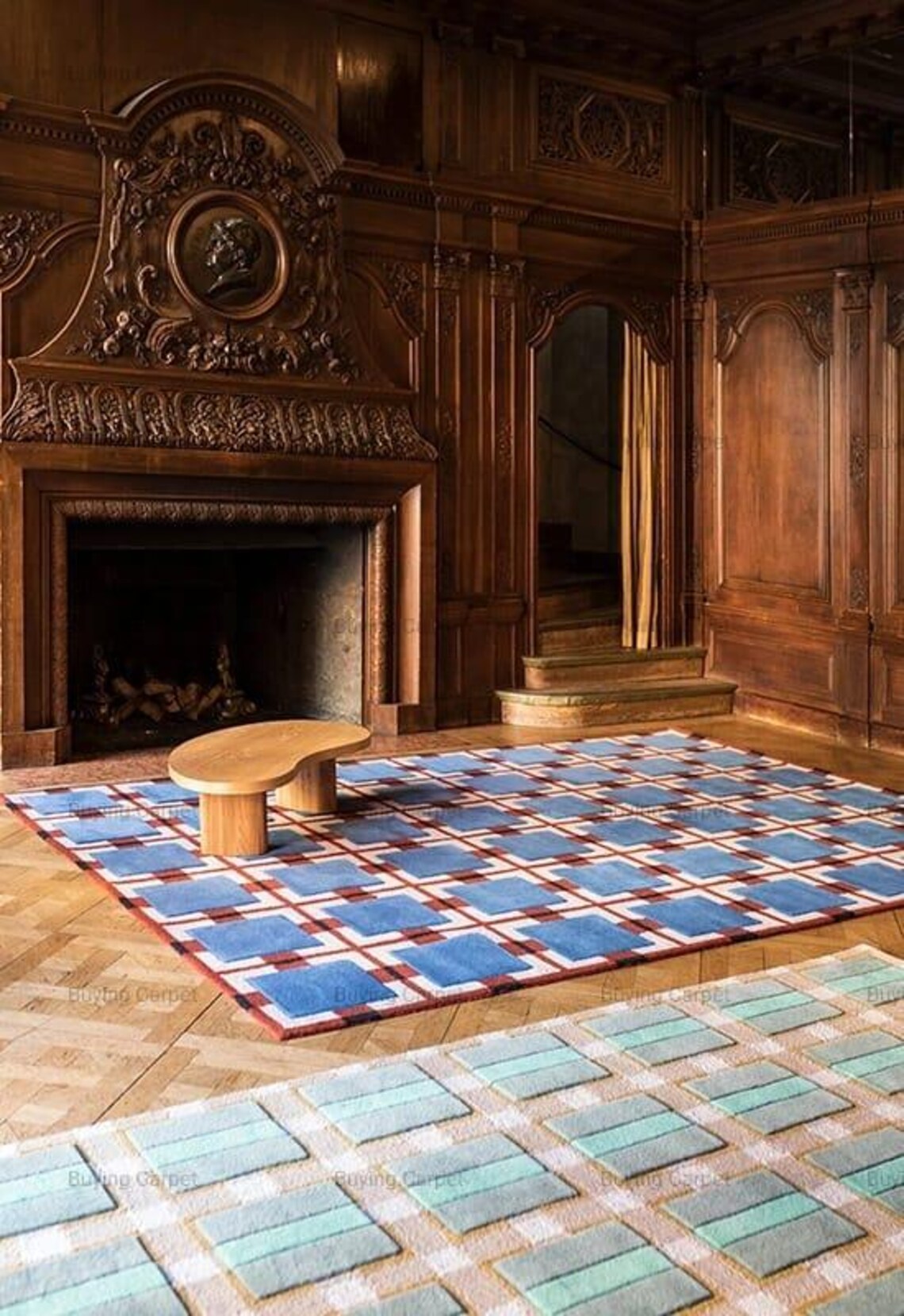 Square Pattern Blue Rug Bold Geometric Blue & Burgundy Square Pattern Area Rug | Contemporary ...