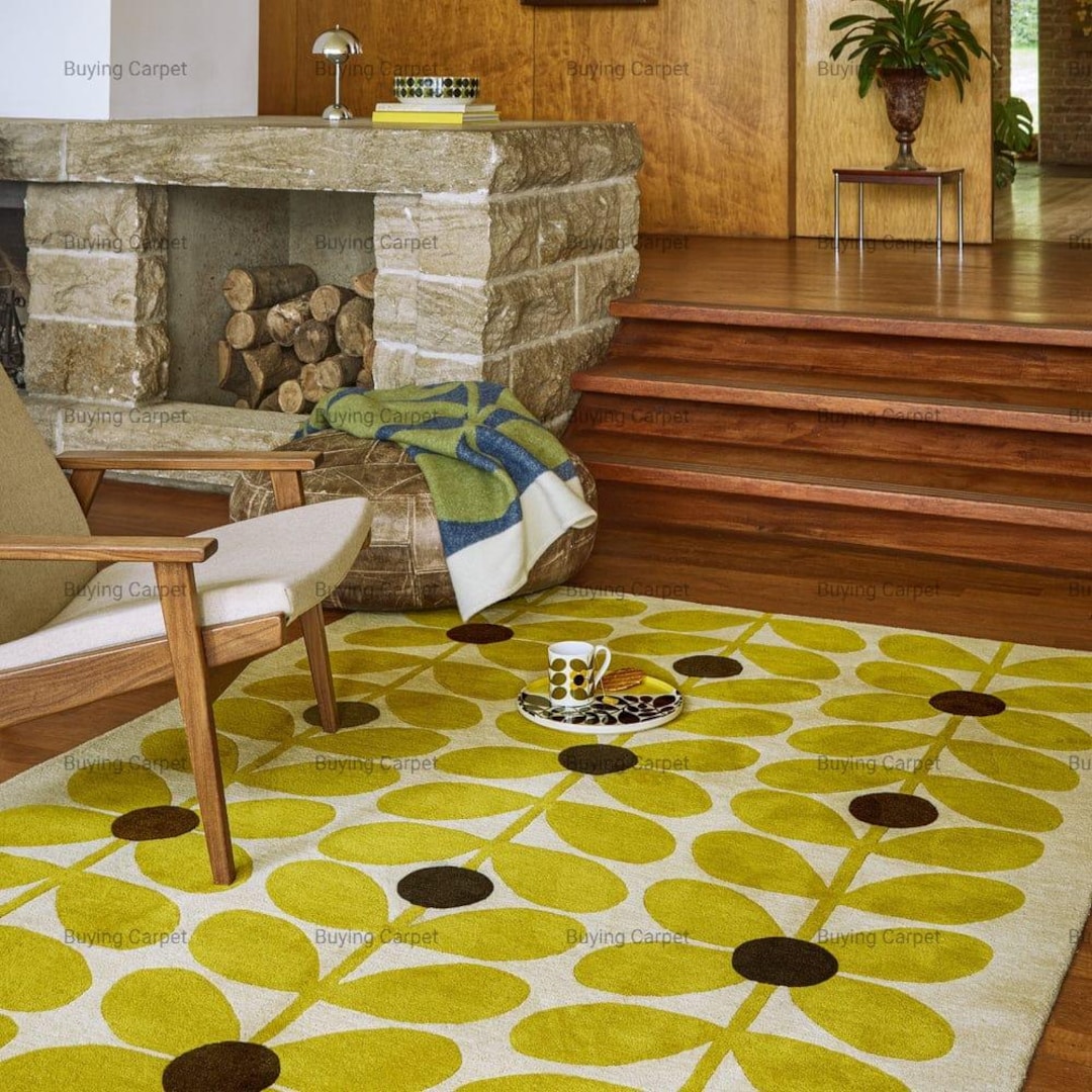 Orla Kiely Style Floral Carpet, Retro Yellow Chartreuse Rug for Living ...