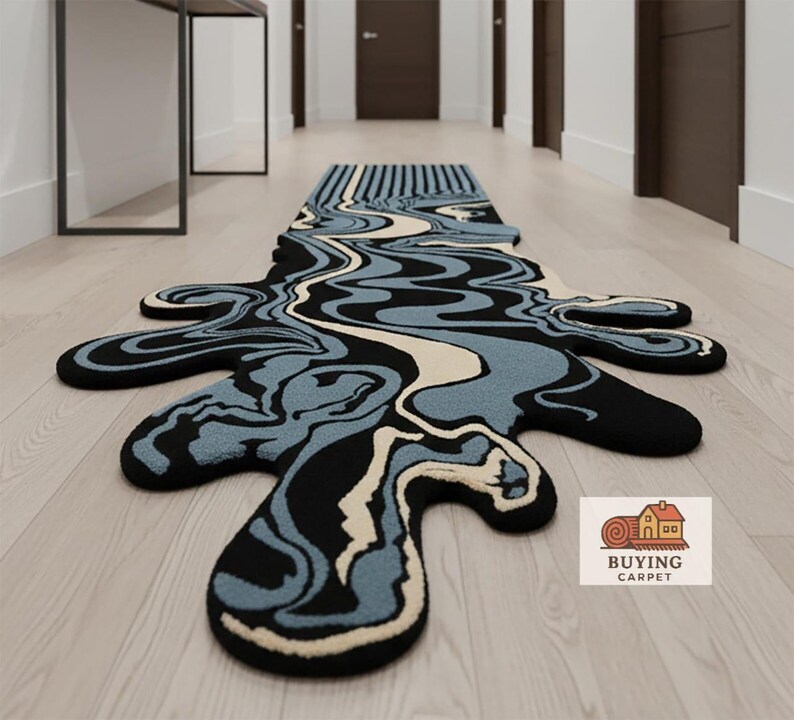 Hand Made Tufted Black & Dark Blue Wave Pattern Rug– Contemporary ...