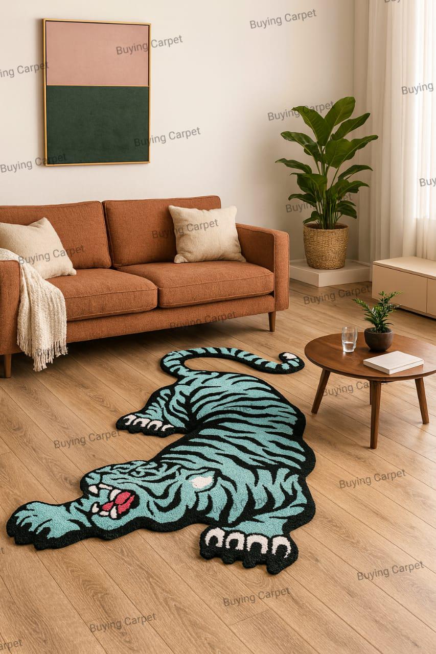 Whimsical Hand-tufted Turquoise Tiger Rug. A Plush and Playful ...