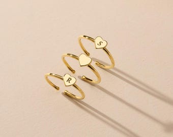 Personalized Initial Heart Ring Adjustable  • 18k Gold Plated Letter Ring • Custom Name Ring • Minimalist Gift for Her