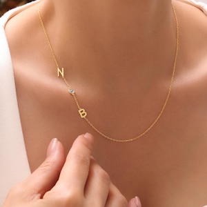 Sideways Initial Birthstone Necklace by Caitlyn Minimalist, Dainty Gemstone Letter Necklace, Personalized Birthday Gifts