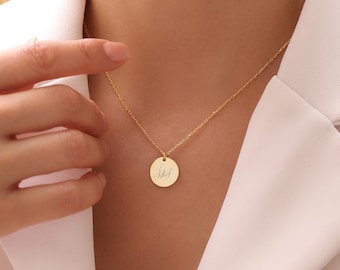 14K Gold Personalized Disc Necklace, Custom Engraved Disc Pendant, Personalized Monogram Disc Necklace