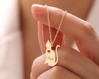 Personalized Named Cat Necklace, Cat Named Necklace, Personalized Cat Memorial Gift, Cat Silhouette Necklace, Custom Cat Name Jewelry