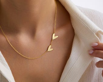 Personalized Engraved Heart Necklace in 18K Gold, Sideways Double Heart Pendant, Custom Couples Necklace, First Mothers Day Gift