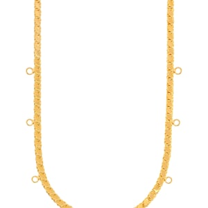 May include: A gold-colored necklace with a flat, textured chain design. The chain has a series of small, oval-shaped links. Several small loops are attached to the chain. The necklace is displayed against a white background.