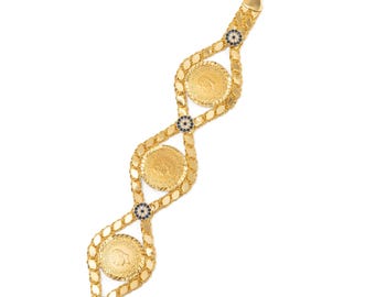 Pulsera de tres monedas bañada en oro de 22 quilates, joyería turca hecha a mano