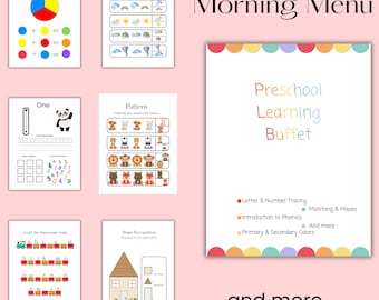 May include: A collection of educational worksheets for preschool learning. The worksheets cover topics like mixing colors, weather patterns, number tracing, pattern recognition, and shape recognition. The title "Morning Menu" is displayed at the top.
