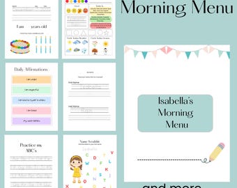 May include: A collection of printable morning menu pages for children, featuring sections for birthdays, daily affirmations, and name practice. The pages are decorated with colorful illustrations and the text "Morning Menu".