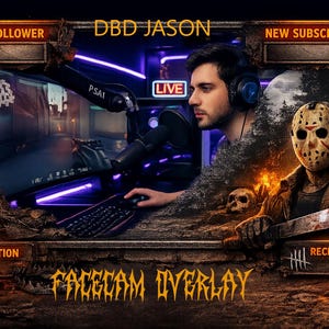 Puede incluir: Una superposición de streaming digital con un diseño oscuro de terror con el texto DBD JASON y FACECAM OVERLAY. Incluye marcos para NEW FOLLOWER, NEW SUBSCRIBER, RECENT DONATION y RECENT EVENS, junto a una figura con máscara de hockey y machete.