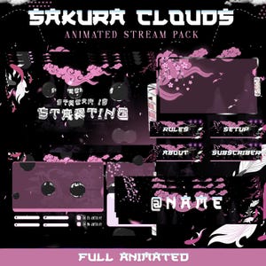 Puede incluir: Un paquete de transmisión animado en negro y rosa con el tema Sakura Clouds. El diseño incluye flores de cerezo, nubes y varios elementos animados. El texto incluye "Starting", "Rules", "Setup", "About", "Subscriber" y "@Name".
