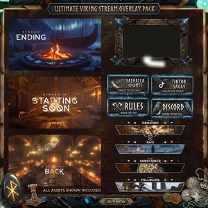 May include: A digital Viking-themed stream overlay pack with various elements. Includes a frame, animated scenes with text like "Stream Ending" and "Stream is Starting Soon", and social media buttons. Features Viking imagery and a "Buy Now" button.
