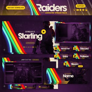 以下が含まれることがあります： 紫と黒をテーマにしたアニメーションストリームパック。デザインには、白い「Raiders」の文字、カラフルなレインボーのストライプ、さまざまなアニメーション要素が含まれています。このパックには、「About me」、「Discord」、「Links」、「Patreon」、「Steam」のオーバーレイが含まれています。