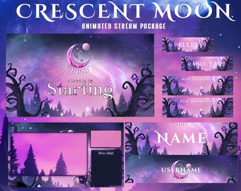 Crescent Moon Twitch Overlay Pack, Animated Purple Night Stream, fantasy forest