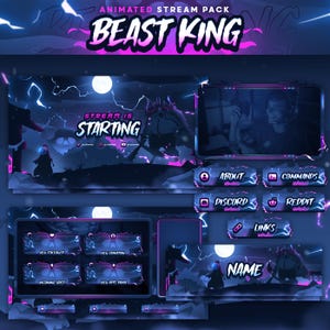May include: Animated stream pack titled "BEAST KING" with a dark blue and purple color scheme. Includes animated overlays for streaming platforms, with text such as "STREAM IS STARTING", "ABOUT", "COMMANDS", and social media links.