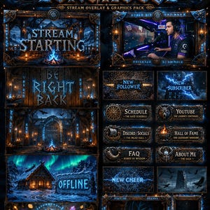 May include: A digital stream overlay and graphics pack titled Nordic Longhouse, featuring dark, stone-textured frames with blue glowing runes, lightning effects, and fire elements. Includes screens for starting, ending, and offline, plus various UI panels.