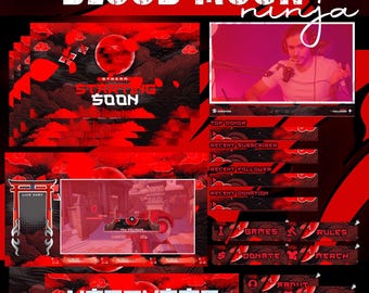 Blood Moon Ninja Animated Stream Pack – Red Dark Samurai Stream Overlay, Gaming Intermission, Twitch & YouTube Stream Package