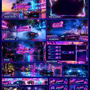 Peut inclure: Un pack de streaming numérique pour Twitch avec une esthétique synthwave néon aux palettes de couleurs violettes et bleues. Il comprend des superpositions pour le début, la fin, le hors ligne, l'entracte, les bordures de webcam et les alertes.