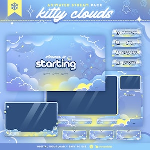 May include: An animated stream pack called "kitty clouds" in blue and yellow. It features a "stream is starting" screen, social media buttons, and a chat box. The design incorporates clouds, stars, and a playful aesthetic. Digital download, easy to use.
