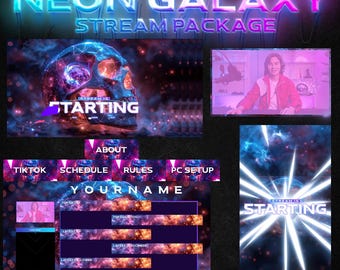 Cosmic Neon Skull Animated Stream Overlay – Twitch & TikTok Package | Alerts, Webcam, Panels, Intermission Screens
