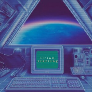 以下が含まれることがあります： 「stream starting」と表示されたコンピューターモニターを備えたレトロフューチャーなインテリアシーン。キーボード、コントロールパネル、惑星の見える窓が特徴です。カラーパレットは青と紫の色合いが中心です。