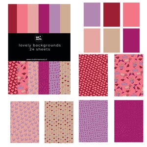 Op de afbeelding: Een verzameling van 24 vellen mooie achtergronden in verschillende tinten roze, paars en beige. De vellen bevatten effen kleuren en patronen met harten, vlinders en andere ontwerpen. De tekst "lovely backgrounds" is zichtbaar.