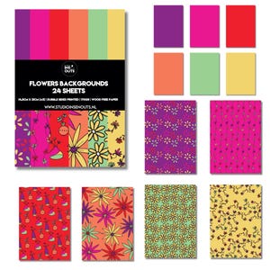 Op de afbeelding: Een set van 24 dubbelzijdig bedrukte bloemenachtergrondvellen. De vellen tonen een verscheidenheid aan kleurrijke bloempatronen en effen kleurblokken. De afmetingen zijn 14,8 cm x 21 cm. De tekst op de verpakking luidt "FLOWERS BACKGROUNDS 24 SHEETS".