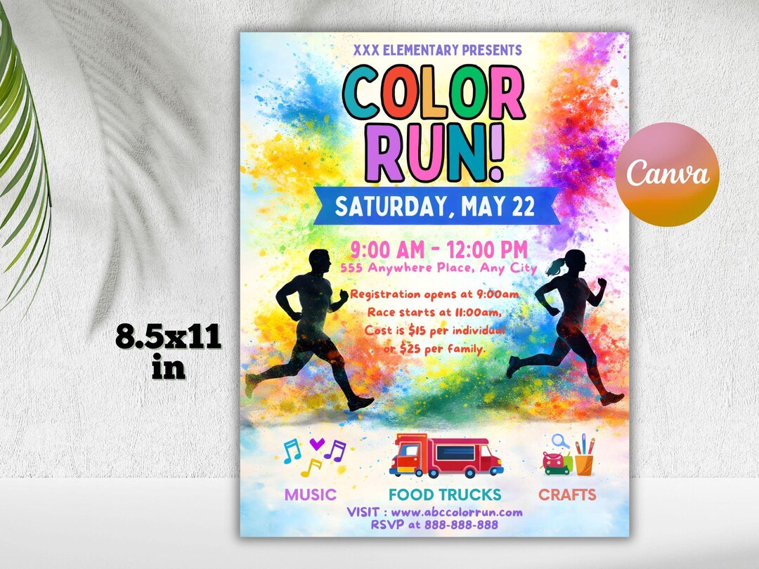 Color Run Flyer Template Editable in Canva | School Fundraiser Fun Run ...