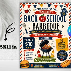 May include: A flyer for the Prime School's Back to School Barbeque on Thursday, September 19th at 2:00 PM. The 8.5x11 inch design features a red apple, a charcoal grill, a burger, a hot dog, and text detailing tickets at $10 and event information.