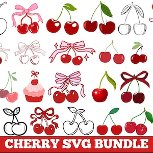 May include: A collection of cherry-themed SVG graphics in various styles. The designs include red cherries with green stems, cherries with bows, and a cherry cupcake. The text "CHERRY SVG BUNDLE" is at the bottom.