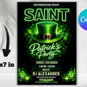 May include: A Saint Patrick's Party poster with a green top hat, shamrocks, and the text "Saint Patrick's Party." The poster is 5x7 inches and features event details, including the date, time, and DJ.