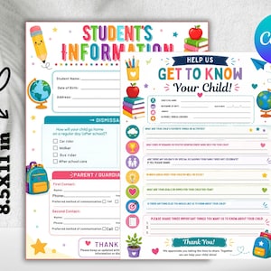 May include: Two 8.5x11 inch printable forms titled Student's Information and Help Us Get To Know Your Child. The colorful sheets feature illustrations of a globe, backpack, pencil, apple, and books with blank lines for contact details and questions.