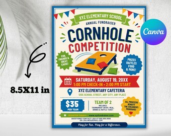 Cornhole-turneringens flygblad, sommar- och höstfest, inbjudan till bakgårdsfest, företagsskola, föräldraförening, insamlingsevenemang, utskrivbar mall, redigerbar nedladdning