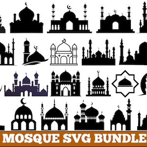 Może przedstawiać: Zbiór czarnych sylwetek meczetów z kopułami, minaretami i detalami w kształcie półksiężyca. Obraz zawiera tekst "MOSQUE SVG BUNDLE" w białych literach na brązowym tle.