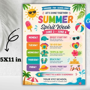 Könnte beinhalten: Ein farbenfrohes 21,6 x 27,9 cm großes Poster für die Sommer-Spirit-Woche, 2.-6. Juni, mit täglichen Themen wie Bright Start Day und Beach Day. Enthält Illustrationen von Sonne, Eis am Stiel, Strandball und anderen sommerlichen Grafiken.