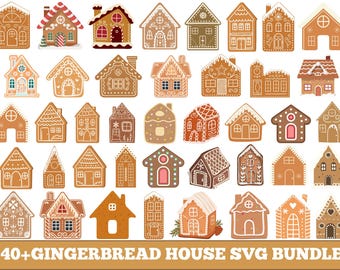 Könnte beinhalten: Eine Sammlung von über vierzig Lebkuchenhaus-Designs in verschiedenen Stilen. Die Häuser sind mit weißem Zuckerguss und farbigen Akzenten verziert. Das Bild enthält den Text "40+ GINGERBREAD HOUSE SVG BUNDLE".