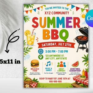 May include: A colorful summer BBQ invitation, 8.5x11 inches, with text and illustrations. Features a grill, food, and the text "Summer BBQ" in bright colors. Includes event details and RSVP information.