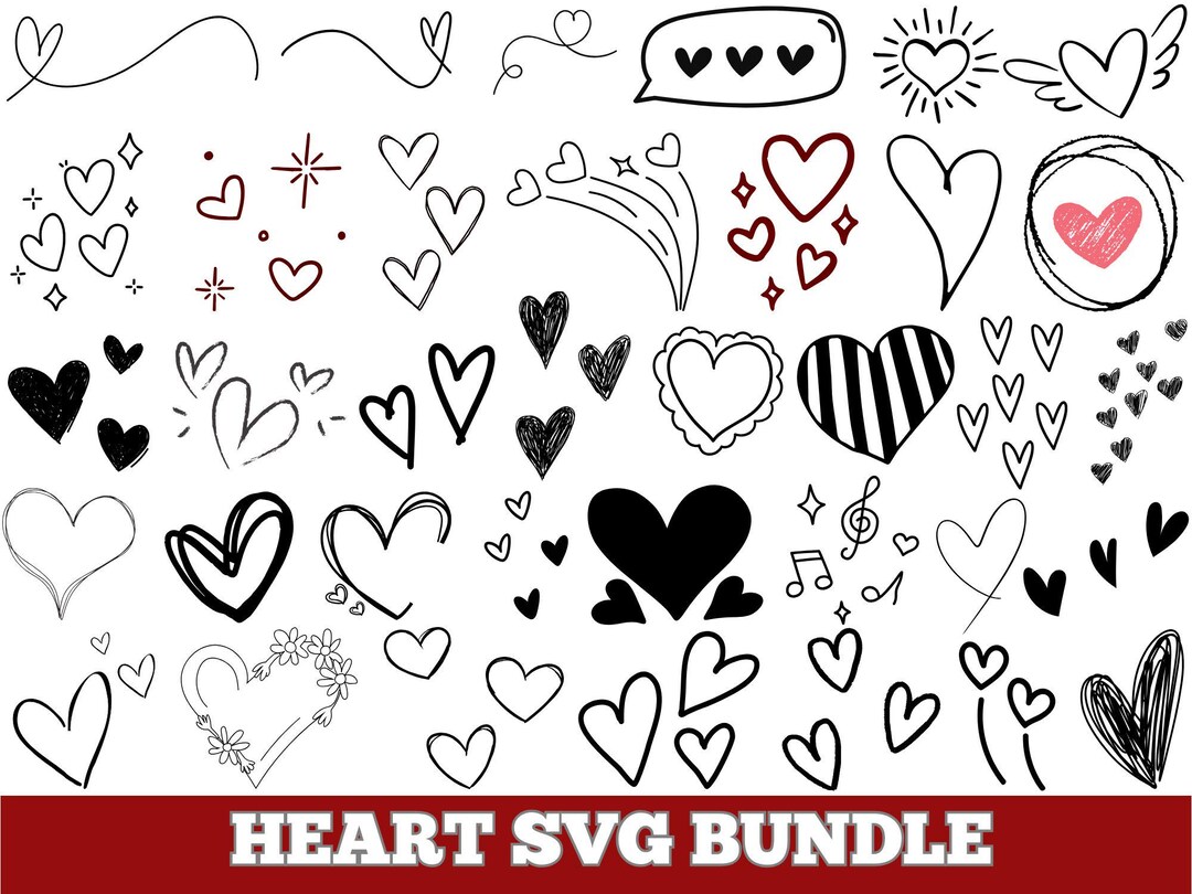 Hand Drawn Heart SVG Bundle, Doodle Sketch Cut Files (digital Download ...