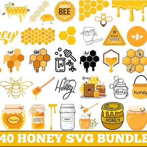 May include: A collection of honey-themed graphics, including jars, honeycombs, bees, and text elements. The designs feature various styles, from detailed illustrations to simple outlines, in shades of yellow, brown, and black. The text includes the word "Honey" and "Honey Bee".