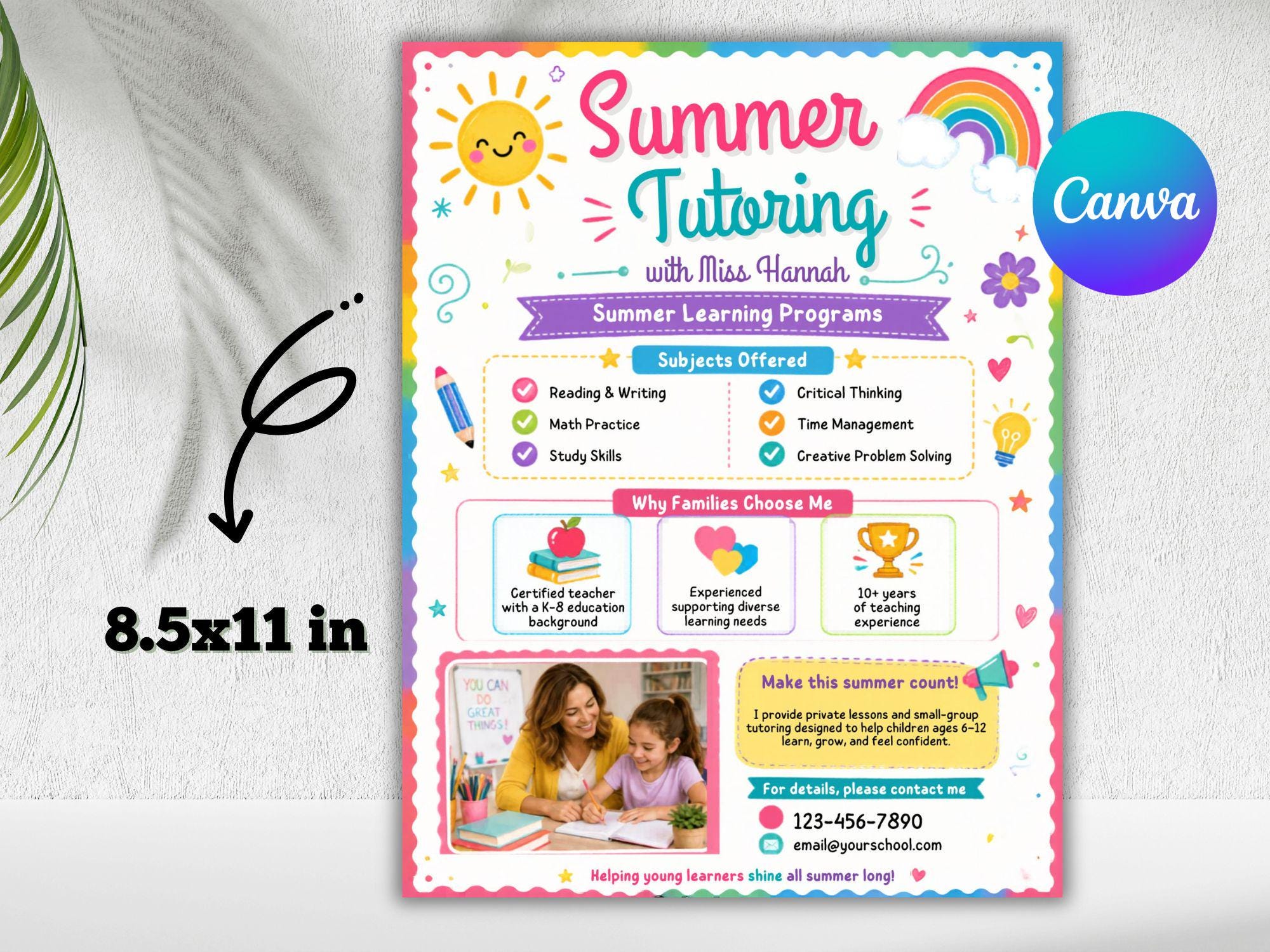 Rainbow Tutoring Flyer Template, Editable Tutoring Flyer, Meet The Teacher Template, Tutoring Services Canva Template, Summer Reading Tutor