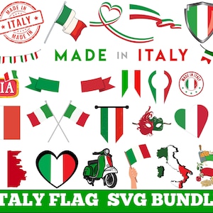 May include: A collection of Italian flag-themed graphics, including flags, banners, ribbons, and a scooter. The design elements are in the colors of the Italian flag: green, white, and red. Text includes "Made in Italy" and "Italy Flag SVG Bundle."