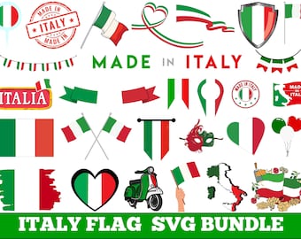 May include: A collection of Italian flag-themed graphics, including flags, banners, ribbons, and a scooter. The design elements are in the colors of the Italian flag: green, white, and red. Text includes "Made in Italy" and "Italy Flag SVG Bundle."