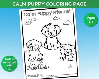 3～7歳のお子様向け、おとなしい子犬の塗り絵 | かわいい犬の塗り絵 | リラックスできる塗り絵アクティビティ | PDF/JPG形式で即時ダウンロード可能