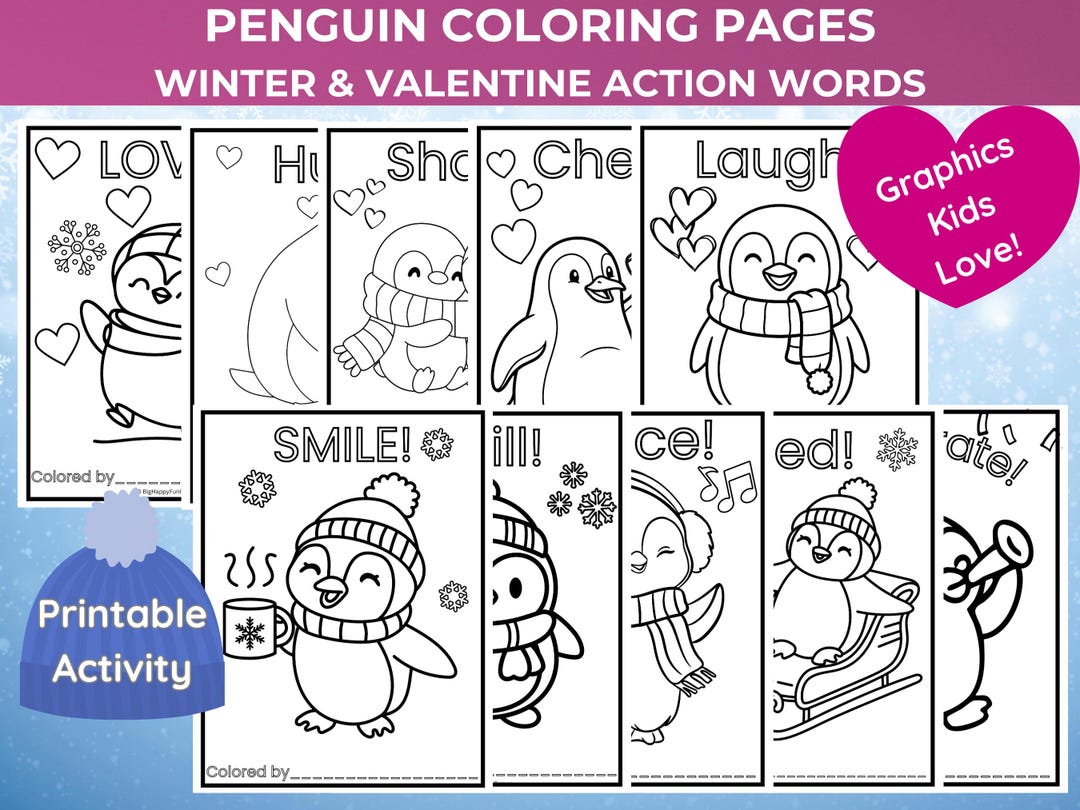 Penguin Coloring Pages | Winter & Valentine Action Words Coloring Pack ...