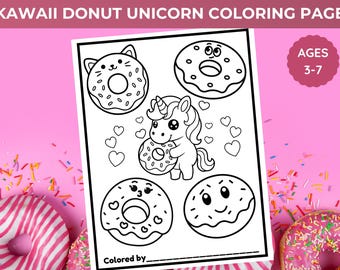 かわいいドーナツユニコーンの塗り絵（印刷可能）｜スイーツ塗り絵｜デザート塗り絵｜幼児向けアクティビティ｜即時ダウンロード